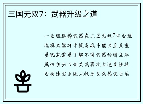 三国无双7：武器升级之道
